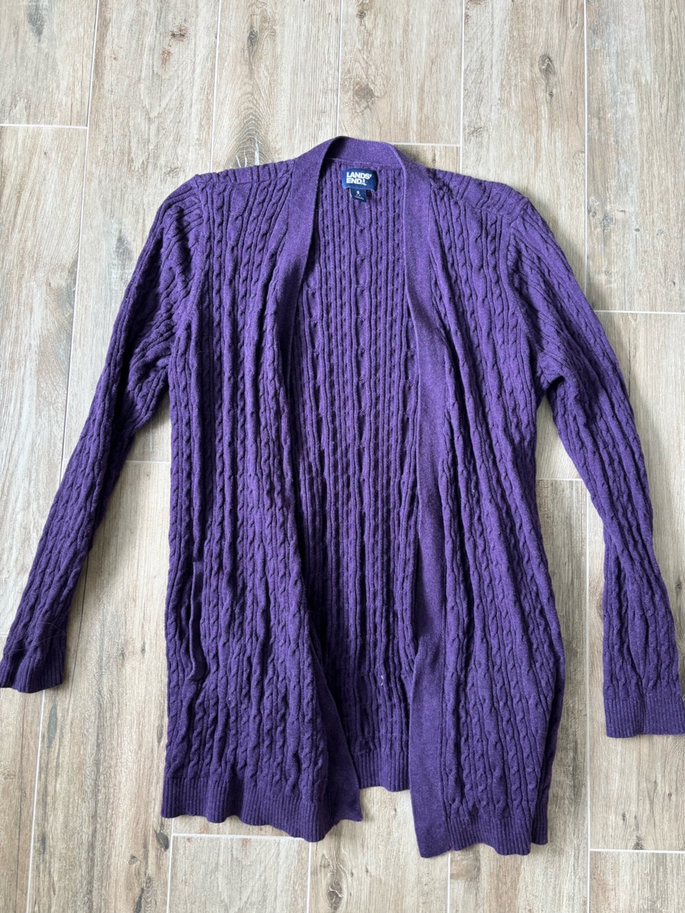 Lands' End Purple Cable Knit Open Cardigan
